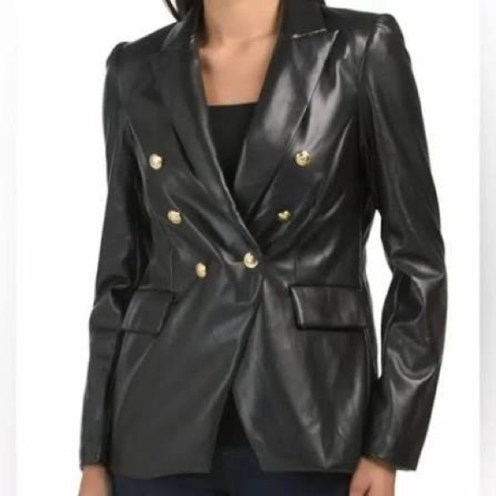 Rachel Zoe Black Faux Leather Blazer Jacket with Gold Buttons